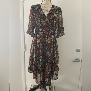 Xhilaration Black Floral Wrap Dress with Red and Green Accents